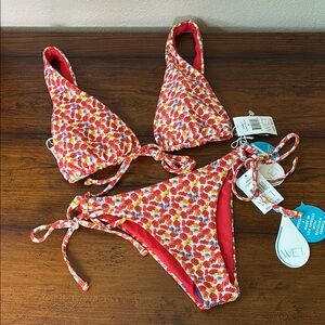 New WET Women Medium Poppy Print Tie Bikini Set‎ Swimsuit Beach Vacation Resort